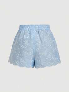SHEIN MOD Quần short nữ cạp chun, màu xanh dương, thêu ren, kiểu dáng thường ngày. - Màu xanh lam - Xem 3