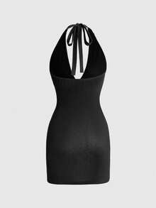 ROMWE Y2K Shibuya Gyaru Tiger Geisha Print Halter Neck Sexy Mini Dress For Women - Black - View 2