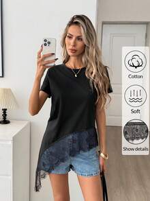 Easowa 女士黑色圆领短袖T恤，蕾丝下摆不对称设计，纯棉材质，春夏款 - 黑色 - 查看 2