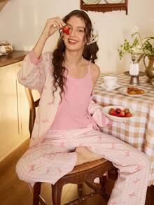Tulorae 3pcs Colorblock Crinkle Fabric Bow Print Pajama Set For Women - Pink - View 10