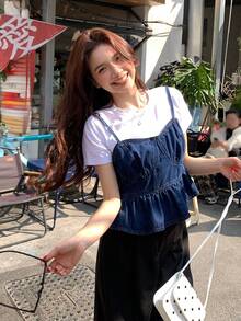 DAZY Women's Spaghetti Strap Denim Top With Ruffle Trim - Blue - View 10