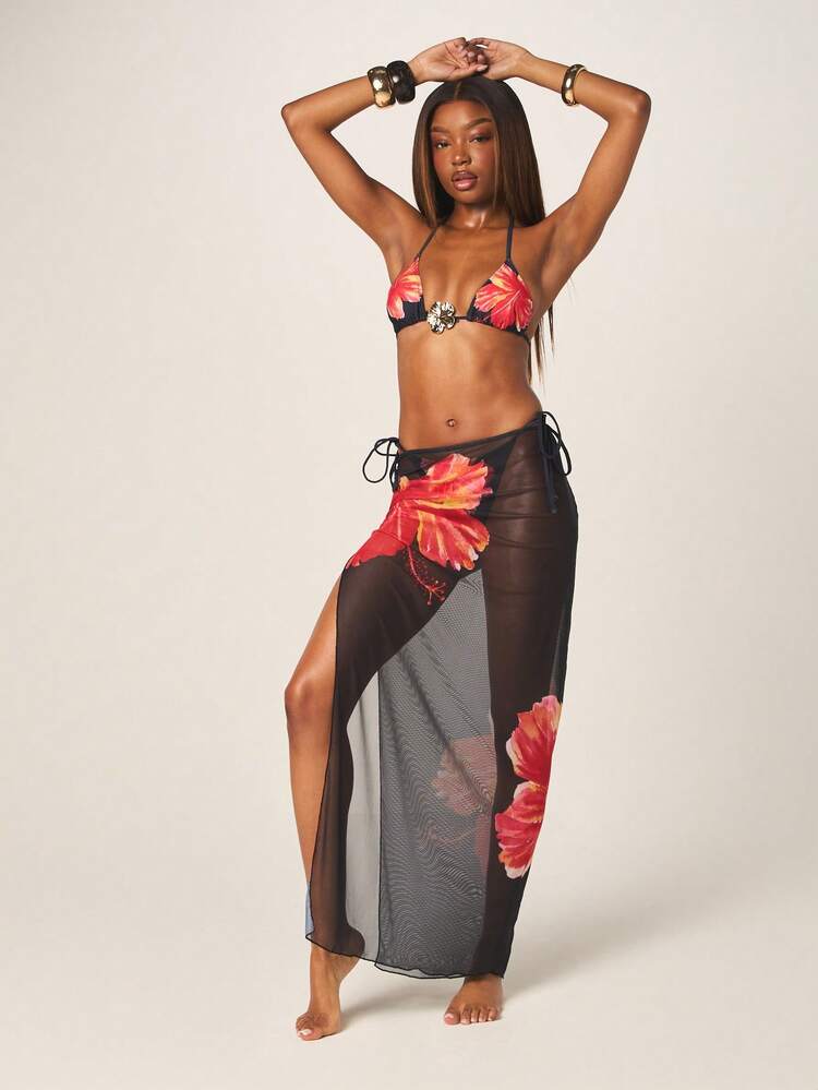 MISSGUIDED Ensemble de bikini tropical à fleurs pour femmes avec Top à col ras-du-cou et bas à liens sur les côtés plus paréo couvre-maillot