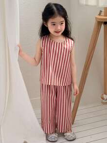 DAZY Bộ đồ 2 món áo không tay cổ tròn kẻ sọc kiểu Hàn Quốc cho bé gái sơ sinh/trẻ nhỏ: áo và quần. - Hồng - Xem 5