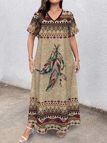 EMERY ROSE Đầm maxi phong cách Boho in họa tiết lông vũ cỡ lớn, đầm ngắn tay cổ chữ V dáng rộng thoải mái, phù hợp cho mùa xuân và mùa hè, đầm dự tiệc sang trọng, đầm maxi phong cách Boho, đầm in họa tiết lông vũ, đầm tông màu đất, trang phục nữ tông màu đất, đầm dài thoải mái, trang phục nữ phong cách Boho. - Nhiều màu - Xem 3