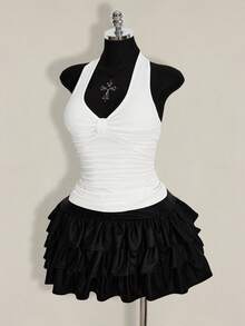 SHEIN ICON Plus Size Black Halter Ruched Backless Top, Bow Tie, Suitable For Vacation, Music Festival, Punk - White - View 4