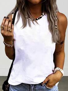 Selamara New Fashionable Casual Versatile Contrast Collar Leopard Print White Tank Top For Women - White - View 4