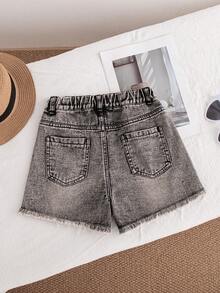 Playful Pals 1件装少女Y2K潮酷街头风做旧牛仔短裤，复古黑/灰水洗，不对称破洞毛边裤脚，高腰A字宽松版型，适合春夏、休闲、上学、户外、派对等场合。 - 黑色 - 查看 2