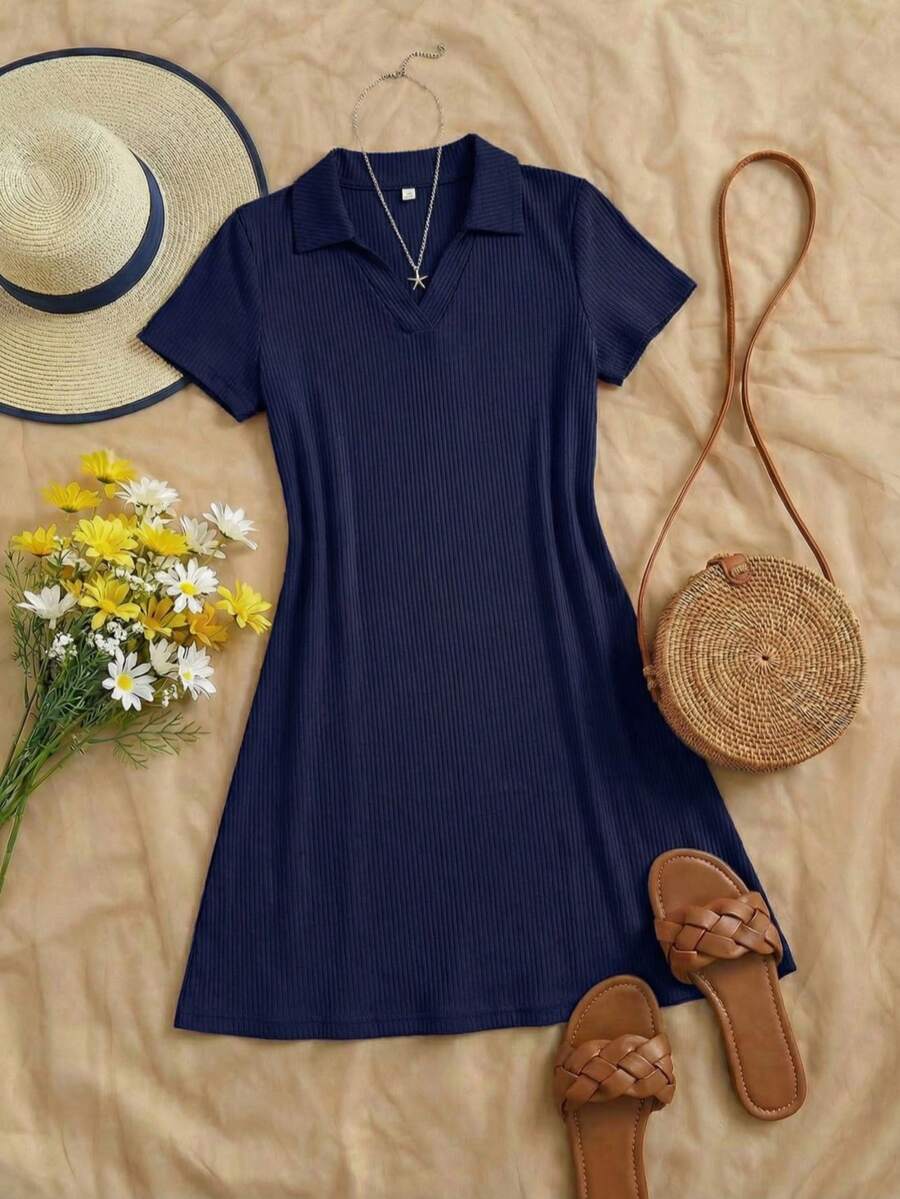 Vestido corto ajustado dama mujer básico liso manga corta cuello tipo polo estilo casual versátil cómodo chic fresco moda juvenil - Azul Marino - Ver 1