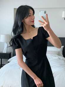 DAZY Women's Fitted Midi Dress With Collar - Black - View 7