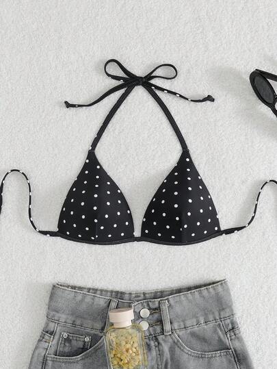 Swim Vcay Top de bikini casual de fiesta en la playa con cuello de halter, estampado tropical de lunares y flores