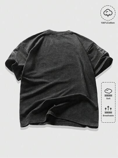 ROMWE MEN Goth Men's Casual Retro Print Short Sleeve T-Shirt, Summer