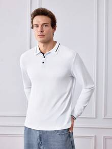 Officeau Herren Weißes einfarbiges Polohemd mit Polokragen, Langarm, Strick, Reißverschluss, Sommer, Golfhemd, leicht, atmungsaktiv, kühl, lässig, bequem, Alltagskleidung Geschenk für Vater/Ehemann - Weiss - Übersicht 5