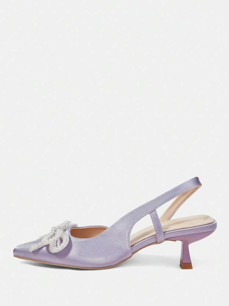 CUCCOO HITCHD Women's High Heel Pumps, Summer/Summer New Arrival, Pearl & Rhinestone Bow Pointed Toe, Light Purple Satin, Elegant Romantic Bridal Wedding Guest Party Shoes Wedding Shoes Summer Shoes Bride Shoes