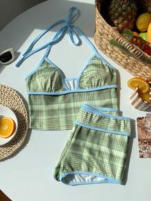Comfortcana 女士格子露背系带上衣和短裤两件套，休闲日常穿着 - 綠色 - 查看 5
