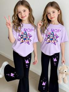 Girls' Summer School Casual Fashion Virtual Girl Group Character Gradient Butterfly Graphic Print Short T-Shirt And Flared Pants Set,Comfortable Wear - Multicolor - View 3