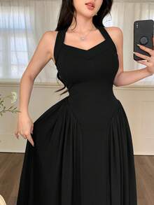 Women's Solid Color Pleated Elegant Waist Midi Dress, Suitable For Dates And Parties - Black - View 2