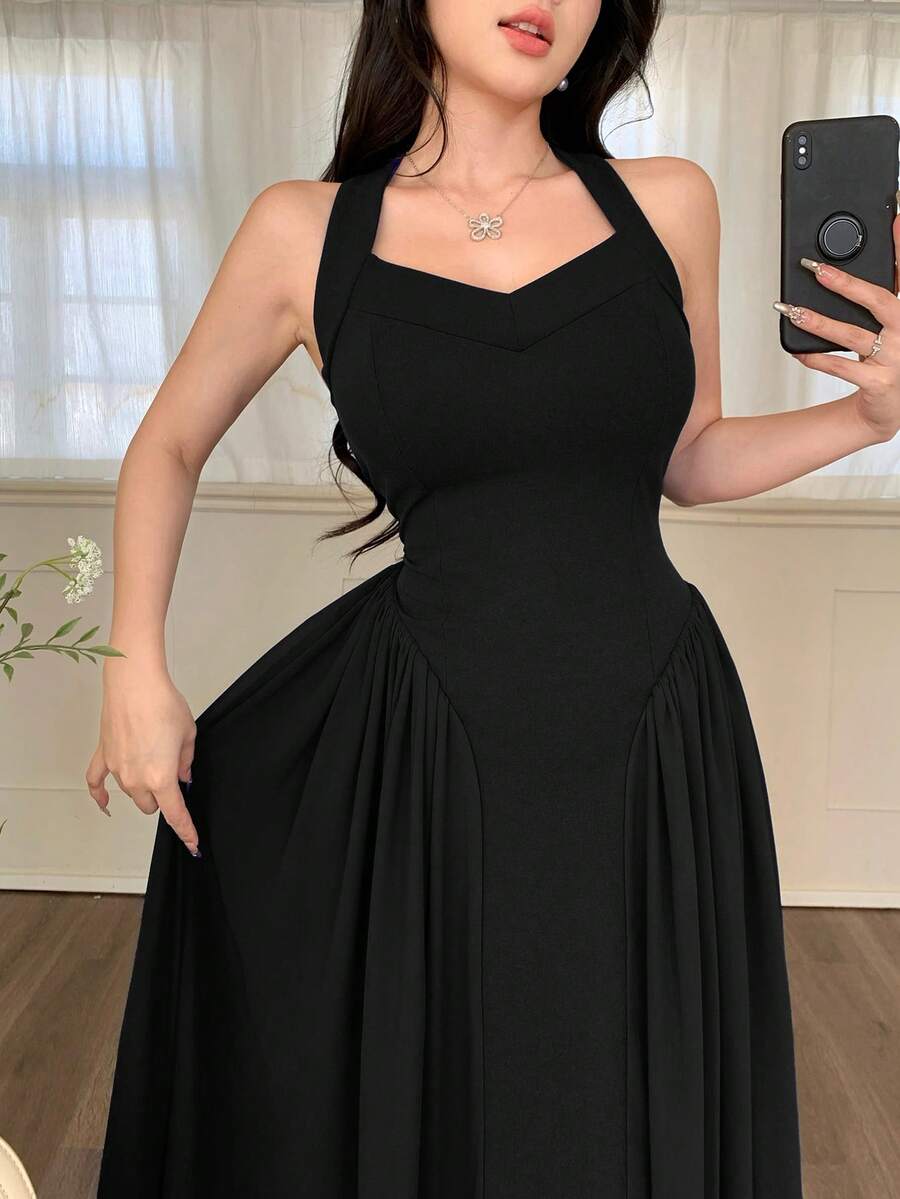 Women's Solid Color Pleated Elegant Waist Midi Dress, Suitable For Dates And Parties