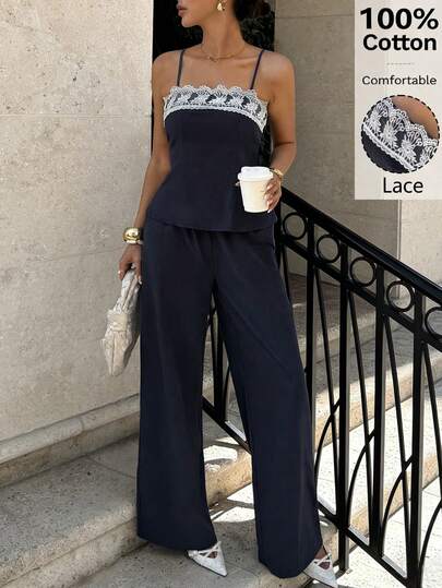 Siren Gaze 2pcs/Set Summer New Lace Trim Camisole And Straight Leg Pants, Comfortable 100% Cotton Lace Spaghetti Strap Top And Wide Leg Pants Two Piece Outfit Perfect For Summer, Two Piece Set Women Summer, Navy Blue Pants Set, Casual Sets For Women