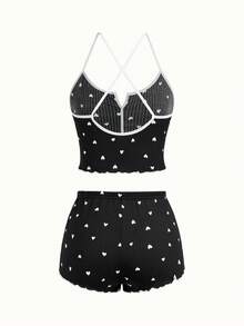 Heart Print Contrast Binding Bow Front PJ Set / Pajama Set - Black - View 2