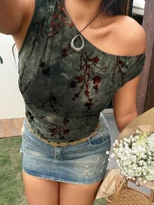 Sunnyshic Camiseta de mujer de manga corta con hombros oblicuos, ajustable con cordón en los hombros y longitud de manga ajustable. Diseño entallado en tela texturizada, ideal para salir. Con lazo. Estilo casual americano para primavera, otoño e invierno. - Verde - Ver 1