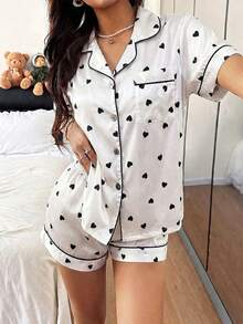 Dream Adore Women's Minimalist Soft Pink & Black Heart Print Short Sleeve Pajama Set With Collar - White - View 3