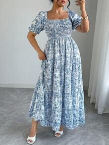 SHEIN PETITE CURVE 大码印花荷叶边下摆方领短袖连衣裙，适合娇小身材的女装，包括夏季连衣裙、小码服装和曲线款。 - 藍色 - 查看 3