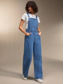 EURMUSE Women's Loose Fit Pocket Jumpsuit With Suspenders - Medium Wash - View 3