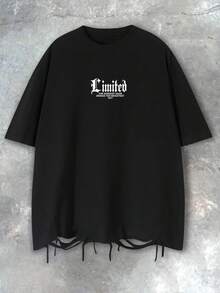 Manfinity EMRG Áo thun nam tay ngắn màu đen in hình người đeo mặt nạ và chữ kiểu Gothic, phong cách thời trang đường phố Mỹ, thiết kế viền tua rua rách, dáng rộng vai rớt, trang phục thường ngày, mùa hè. - màu đen - Xem 6