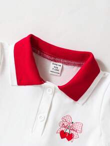 SHEIN 女婴休闲夏季蝴蝶爱心图案Polo领拼接下摆白色连衣裙，适合日常休闲、优雅、上学、可爱、度假等场合穿着 - 白色 - 查看 6