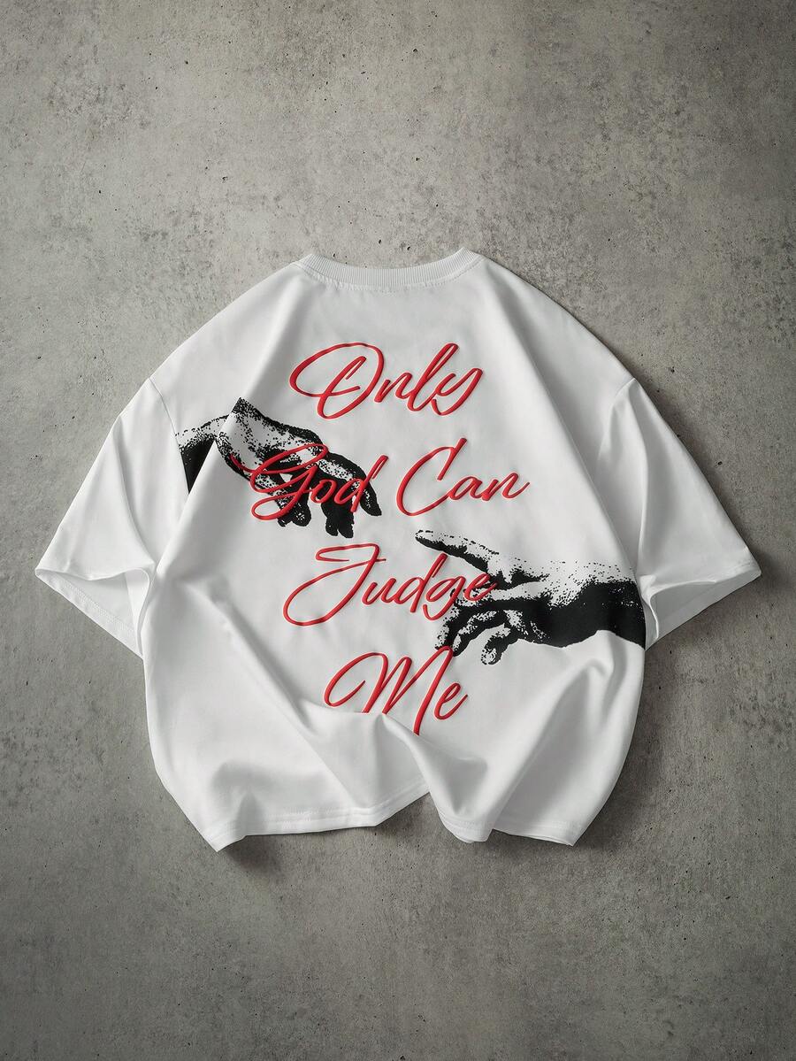 PAVTROS Men's Street-Style Popular English Embroidered "Creation Of Adam" Element Outdoor Music Festival Casual Everyday Wear, Friend Gathering, Boyfriend/Husband Gift, Anniversary Gift White T-Shirt - White - View 1