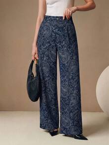 Anewsta Modern Design Digital Print Casual Blue Jeans, High Waist Loose Slimming Straight Leg Pants For Women, Spring/Autumn New Arrival - Blue - View 3