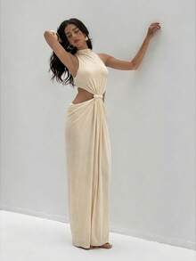 Aloruh Women's Spring/Summer Braided Apricot Sleeveless Hollow-Out Straight Dress - Apricot - View 7