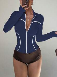 SHEIN Dewbera Women's Autumn/Winter Sports Jacket, Tight-Fitting Stand Collar, Contrast Color Trim, Thumb Hole, Suitable For Daily Casual Wear, Running, Yoga, Gym, Tennis, Golf, Etc. Bodysuit Tummy Control Revealing Clothes For Women Bodysuits For Women Fitted Shirts For Women - Navy Blue - View 5