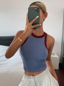 DAZY 女士拼接撞色基础款短款背心（夏季款） - 藍色 - 查看 2