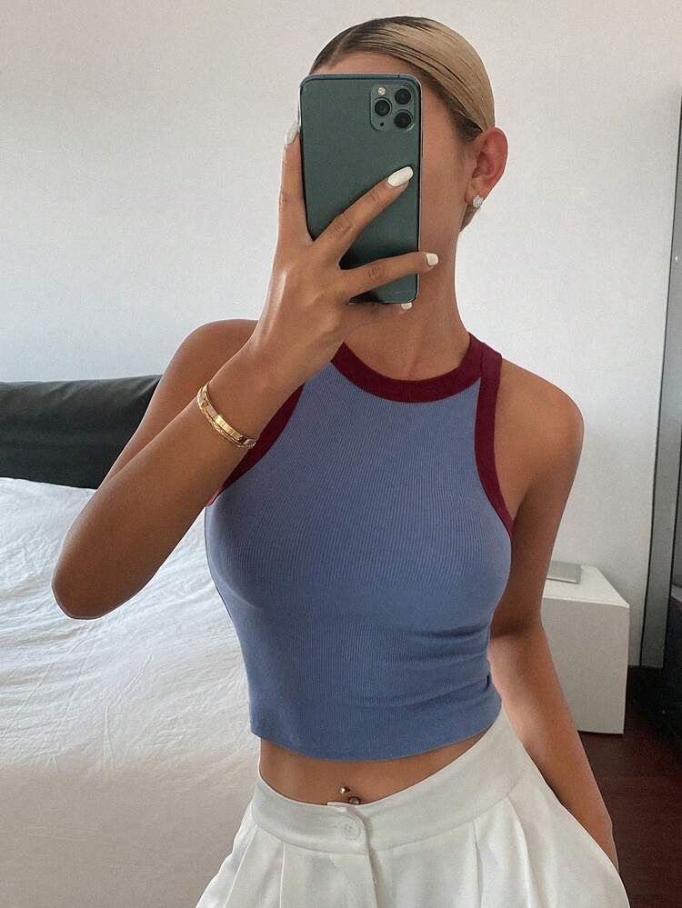 Women's Patchwork Contrast Color Basic Cropped Tank Top Summer