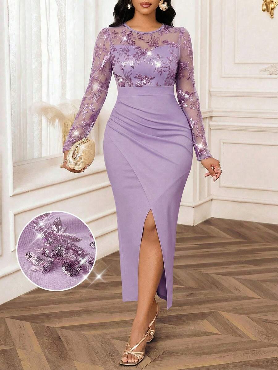 SHEIN Lady 春夏秋冬优雅派对婚礼情人节鸡尾酒会音乐会/音乐节卡其色针织亮片圆领撞色亮片开衩紧身连衣裙长袖加大码连衣裙加大码女装亮片网纱拼接圆领长袖开衩下摆修身优雅连衣裙亮片连衣裙闪亮连衣裙闪光连衣裙亮片连衣裙女士奢华晚礼服女士优雅连衣裙派对连衣裙优雅派对连衣裙新年夜连衣裙新年连衣裙 - 紫色 - 查看 1