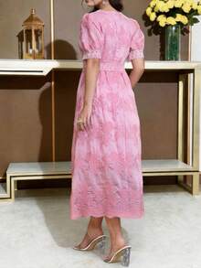 Modelyn V-Neck Embroidered Petal Sleeve Pink Dress - Pink - View 5