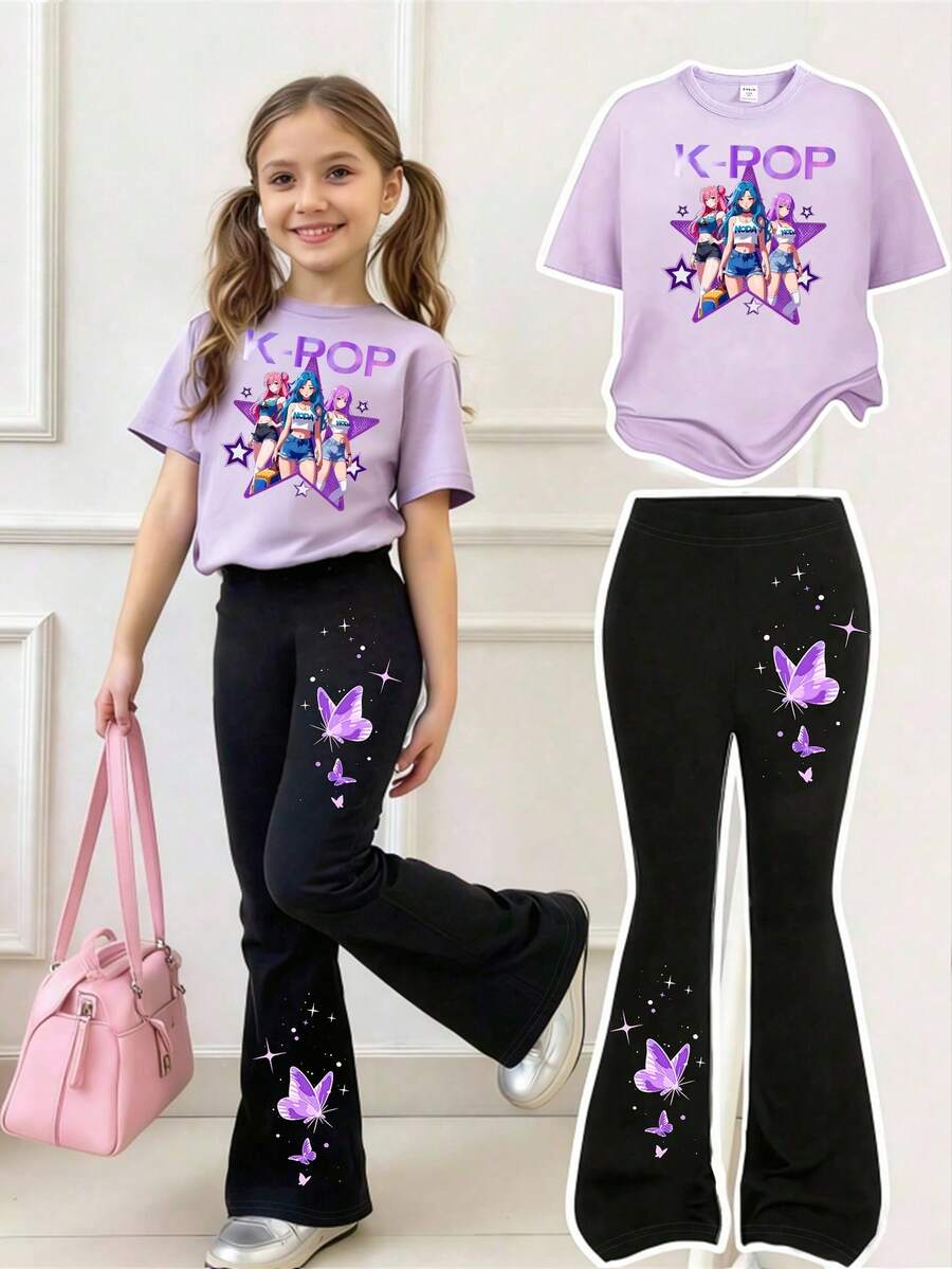 Girls' Summer School Casual Fashion Virtual Girl Group Character Gradient Butterfly Graphic Print Short T-Shirt And Flared Pants Set,Comfortable Wear - Multicolor - View 1