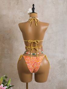 Bellisia Women's 2pcs Floral Print Beaded Halter Neck Drawstring Pants Swimsuit Set, Summer - Multicolor - View 2