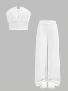 Serisse Kids Bộ đồ hai mảnh màu trắng thanh lịch dành cho bé gái tuổi teen, gồm áo croptop không dây bất đối xứng và quần ống đứng cạp cao có gọng giả. - trắng - Xem 4