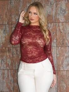 Arliah Women's Lace Elastic Peony Floral Sheer Sexy Blouse (Random Cut) - Maroon - View 3