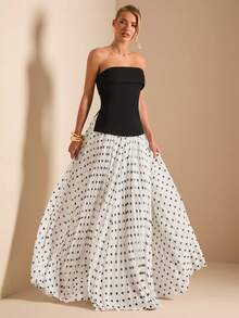 SHEIN BAE 2pcs/Set Women's Solid Black Bandeau Top And Polka Dot Pleated Long Skirt, Elegant Skirt Set For Party, Wedding Guest, Brunch, Spring/Summer Polka Dot Outfit, Graceful Polka Dot Dress - Black and White - View 7
