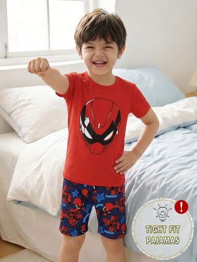 2件套幼儿男童超级英雄蜘蛛印花休闲柔软针织弹力紧身面料短袖上衣和短裤睡衣套装