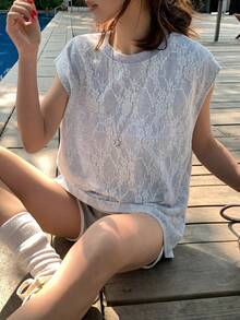 DAZY Damen Lässig Spitze Loose Tank Top, Sommer - Hellgrau - Übersicht 6