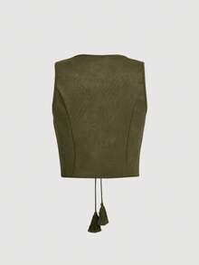 SHEIN MOD Chaqueta sin mangas con flecos estilo bohemio de los 70 para mujer, parte superior de abrigo de otoño, chaquetas de mujer de otoño, chaqueta occidental, chaqueta vaquera - Verde militar - Ver 2