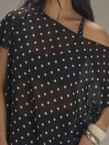 Athîral Women's Casual Off Shoulder Polka Dot Black Shirt, Suitable For Spring And Summer Vacations, Women's Transparent Top On One Shoulder, Off Shoulder Mesh Single Shoulder Top, Black Polka Dot Top, Daily Wear, Versatile Item, Suitable For Beach Wear, Date Party Wear, Holiday Wear, Summer Top, Black Top - Black and White - View 5