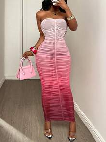 BamGleam Vestido de fiesta y vacaciones ajustado con estampado de degradado, escote sin tirantes y plisado de malla para mujer - Rosa - Ver 1