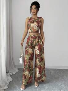 Elenzga Quần short xếp ly không tay dáng thẳng dành cho nữ, họa tiết jacquard nhiều màu sắc, phong cách tối giản thường ngày, phù hợp cho đám cưới, đi làm thanh lịch, mặc hàng ngày, bộ 2 món. - Nhiều màu - Xem 3