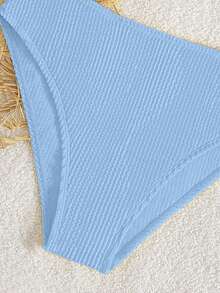 少女比基尼套装，休闲蓝色波浪提花针织吊带深V领坦克背心式泳衣套装，上衣搭配三角泳裤，时尚休闲优雅女士款，适合游泳、夏季度假、海滩、泳池、假日派对等场合。 - 藍色 - 查看 4