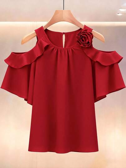 SHEIN PETITE Petite Series Women's Off-Shoulder Short Sleeve + 3D Floral Decor Waist Cinching Slim Fit Blouse